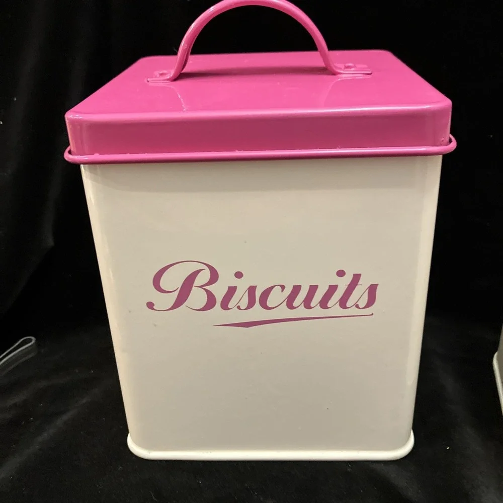 Retro Metal Square Biscuits & Tea Canister Set Off-White w/ Hot Pink Lids Dorm